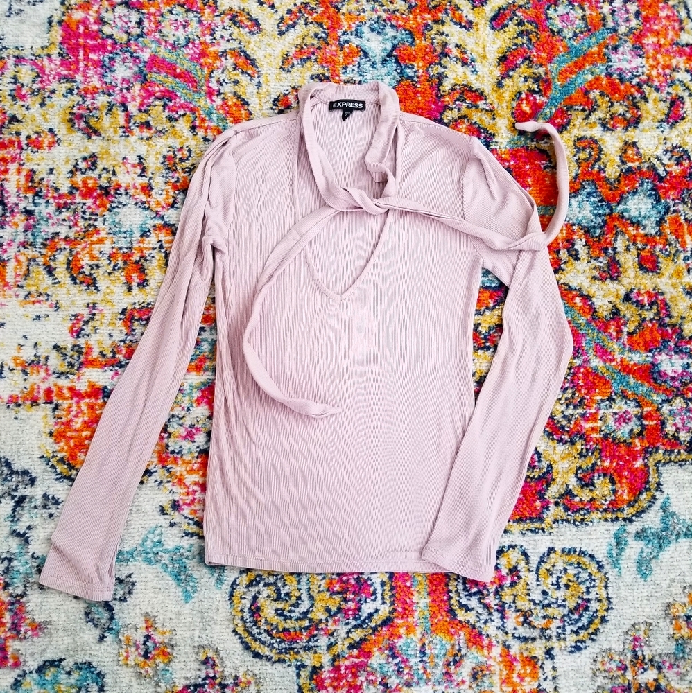 Express V-Neck Choker Ribbed Top Mauve Pink Size S